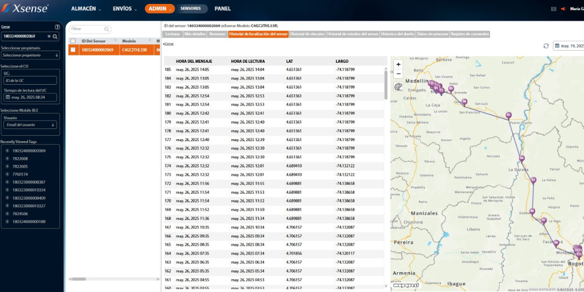 Plataforma Xsense Cloud con registro de envíos y mapa de ruta
